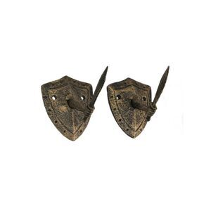 Antique Bronze Finish Sword & Shield Decorative Hooks Set of 2 3.5x3x4 inches